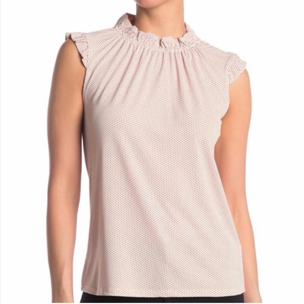 ADRIANNA PAPELL ruffle neck polkadot blouse size L